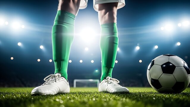 A soccer player dribbling and kicking a ball on a field, leg shooting football - Powered by Adobe