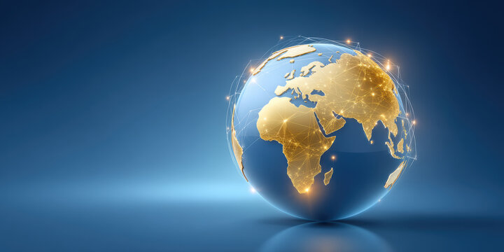 Stable global network connecting finance centers with golden continents and calm blue background - Powered by Adobe