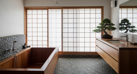  A tranquil Japanese-inspired bathroom featuring a deep wooden soaking tub (Ofuro) next to a large sliding shoji screen window. Smooth river stones line the floor, and a single bonsai tree rests 