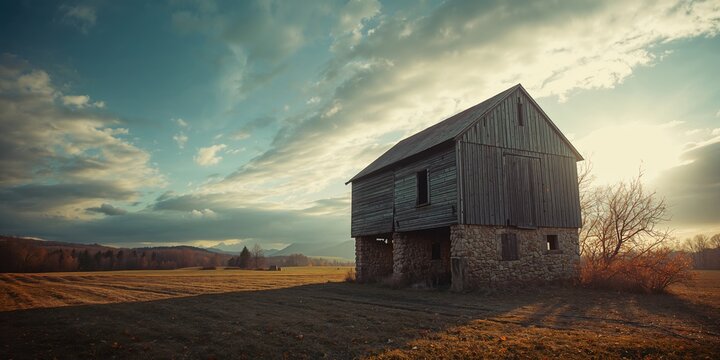 Rustic stone and wood granary in fall, weathered building with overgrown surroundings, preservation of rural architecture