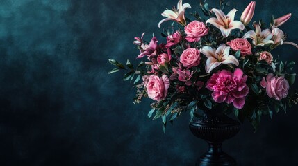 Elegant pink floral arrangement in dark vase moody teal background