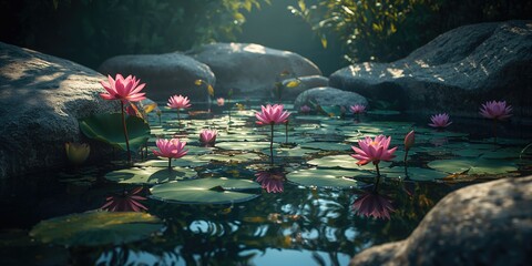 Colorful lotuses in bloom on a rocky pond, ideal for use as a calming UI backdrop or header