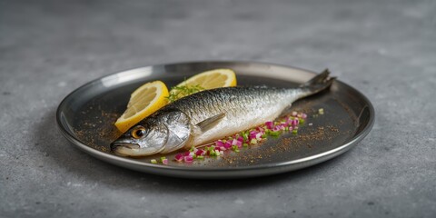 Close-up of herring fillet with lemon, red and green onion, and spices, food preparation for flavor enhancement