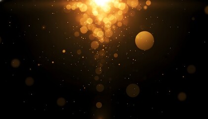 Golden orange bokeh lights and shimmering dust particles floating from a bright light source on a dark background - Overlay, Transparent PNG