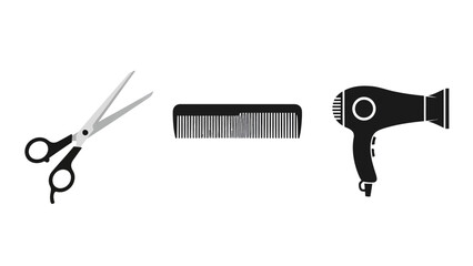 Obraz premium Styling essentials vector art showcasing scissors, a comb, and a hairdryer arranged horizontally