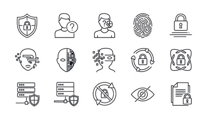 Collection of line icons representing data security, artificial intelligence and user privacy