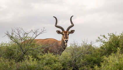 Fototapeta premium Greater kudu bull partially hidden in dense foliage, illustrating animal concealment and natural environment