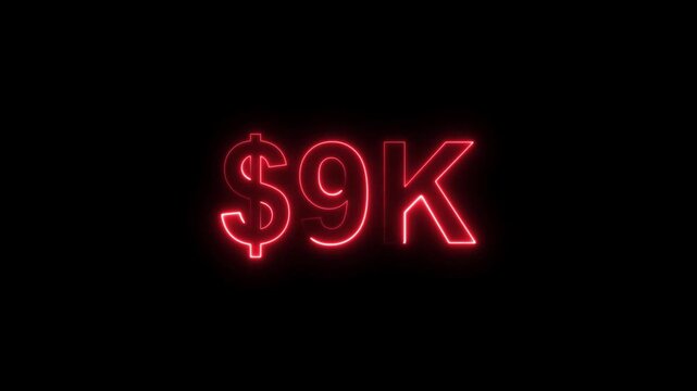 Neon line bright 9k followers isolated red color animation on black background. Vibrant neon shiny 9k text red color animation digits for high-resolution. 