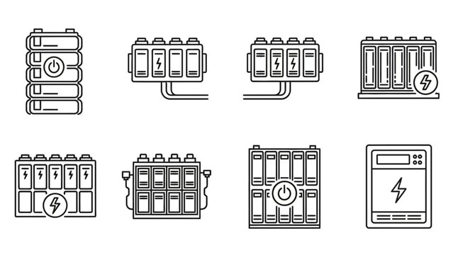 Battery cells or energy storage modules depicted through linear and minimalistic designs