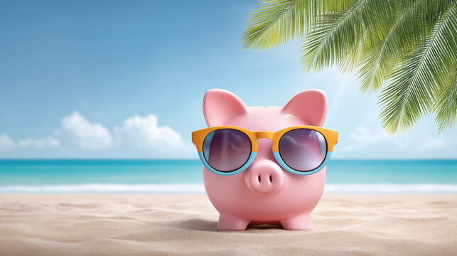 Pink piggy bank wearing sunglasses on beach evokes stable financial summer saving feeling - Powered by Adobe