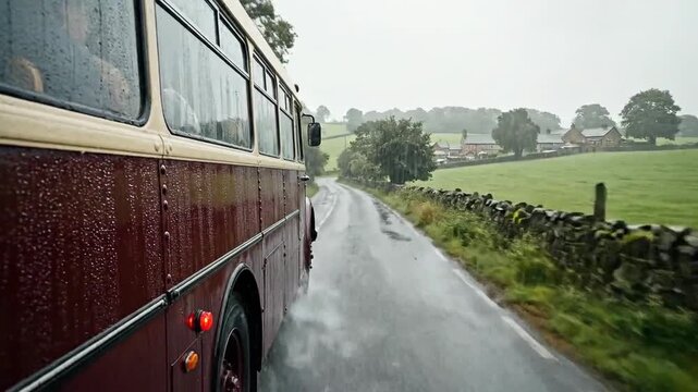 Journey Through Rural Landscapes: A Rain-Kissed Bus Ride Through Picturesque Vistas
