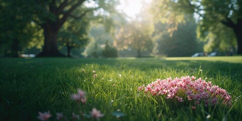 Fototapeta premium Serene park landscape with lush greenery in London during spring, ideal for nature-themed layouts