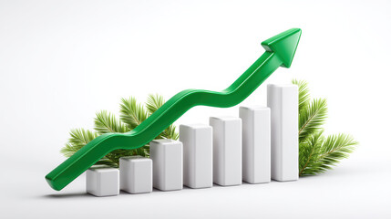 Stable financial growth chart with green arrow rising over white bar graph and palm leaves