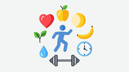 Illustration embodying a health-focused lifestyle with icons like fruits, heart, water, and