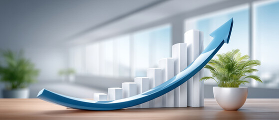 Stable financial growth chart on office desk with upward arrow and plant
