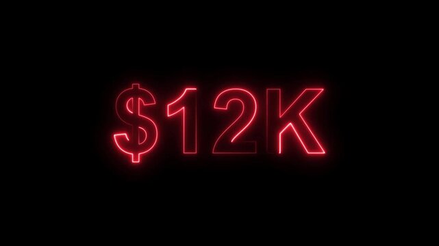 Neon line bright 12k followers isolated red color animation on black background. Vibrant neon shiny 12k text red color animation digits for high-resolution. 