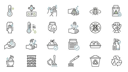Collection of vector icons related to health safety and environmental responsibility measures to
