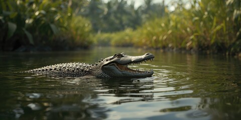 Fototapeta premium Wild crocodile near the waters edge preparing to hunt, focusing on predator activity