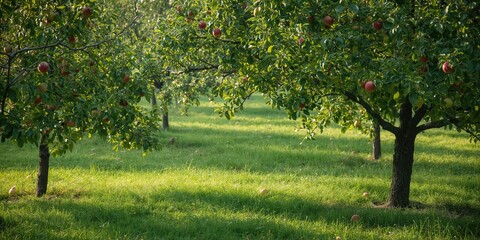 Naklejka premium Apple tree in orchard with a nearby pear tree, seasonal fruit growth