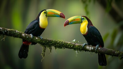 Fototapeta premium Two toucans perched on a branch facing each other in a lush rainforest