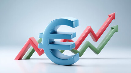 Stable financial blue euro symbol with rising red and green arrows showing growth