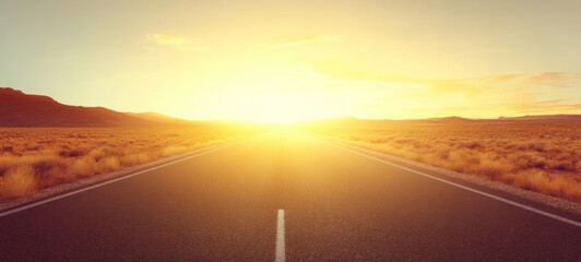 Naklejka premium Sunrise Over Long Empty Road Leading to Bright Horizon, Symbolizing New Beginnings and Hope, Warm Golden Light, Minimal Composition with Left Half Blank for Text