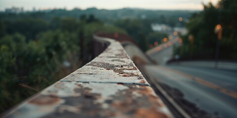 Weathered metal fence with rust patches captured from a low perspective, adjacent to a concrete wall overlooking a blurred natural scene, preservation, Earth Day