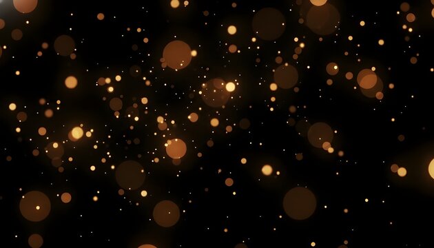 Golden and orange bokeh lights and shimmering dust particles floating on a dark black background, creating a magical and festive atmosphere - Overlay, Transparent PNG - Powered by Adobe