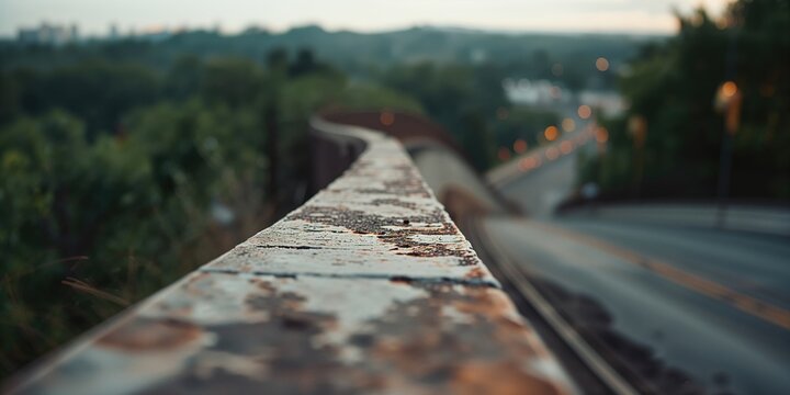 Weathered metal fence with rust patches captured from a low perspective, adjacent to a concrete wall overlooking a blurred natural scene, preservation, Earth Day