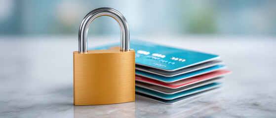 Secure lock and stacked credit card concept showing stable financial protection and trust