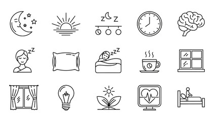 Collection of sleep and wellness icons symbolizing rest, relaxation, and healthy lifestyle habits