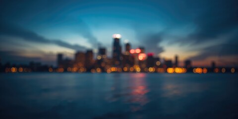 Fototapeta premium Blurred cityscape at night with illuminated buildings, serving as a background for urban layout design