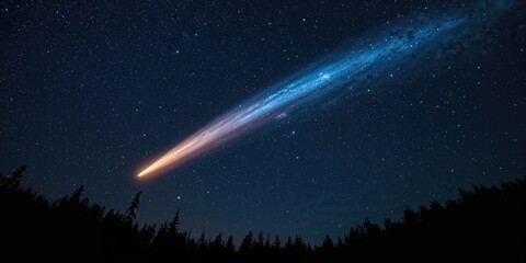 Obraz premium Comet streaks across a starry night sky during the Christmas season, with a glowing trail of light