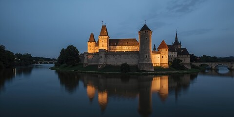 Fototapeta premium Marienburg castle the largest medieval brick castle in the world in the city of Malbork evening view at night, historical preservation