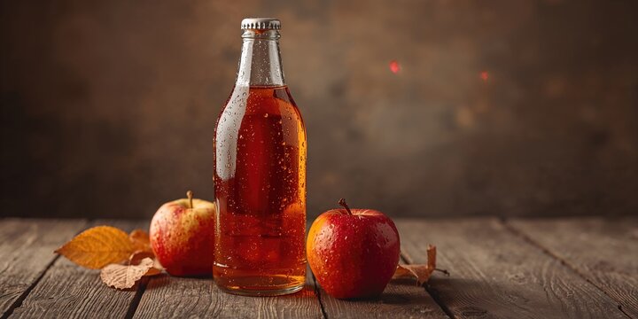 Close-up of apple cider on vintage wooden table, textured glass and natural setting, Earth Day
