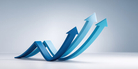 Stable financial growth concept with three blue ascending arrows showing upward progress