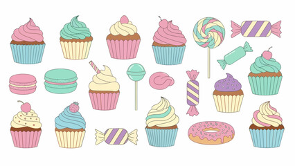 Delightful pastel sweets collection featuring cupcakes macarons lollipops and candies for design