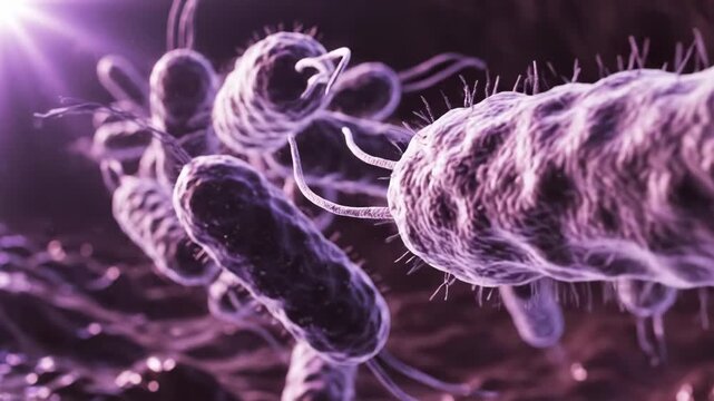 Close up 3d rendering of rod shaped bacteria with flagella in a microscopic, dark purple environment