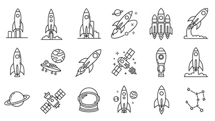 Collection of minimalist space exploration line art icons depicting rockets, satellites, planets © Anisah