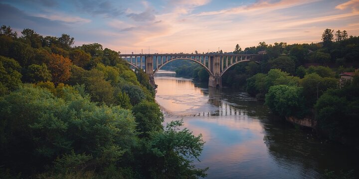 Bird's eye perspective of a vintage hydroelectric facility adjacent to a vibrant arch bridge, highlighting industrial heritage