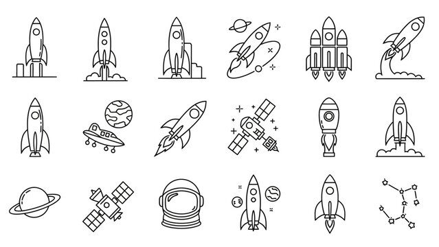 Collection of minimalist space exploration line art icons depicting rockets, satellites, planets