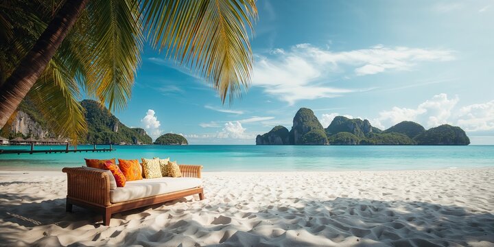 White sandy beach with a daybed at Laem Sala, suitable for leisure and outdoor rest, Earth Day