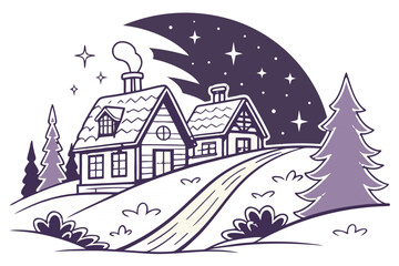 Magical snowy village on a hillside with glowing chimneys, neon-tinted night sky, and twinkling stars above, transparent background.