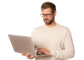 Portrait of a young man in a casual sweater with a laptop over transparent background. Business concept. PNG transparent.
