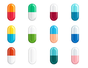 Set of Capsule glyph Pill icons. Medical capsule pictogram isolated on transparent ba