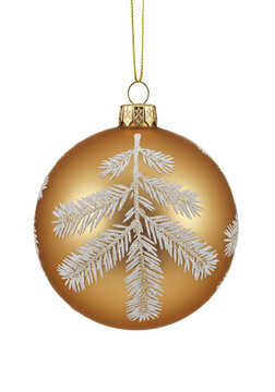 hyperrealistic macro shot of a single matte gold christmas ball ornament with frosted fir branch relief, suspended by a ribbon, isolated on white background, concept of sophisticated festive luxury