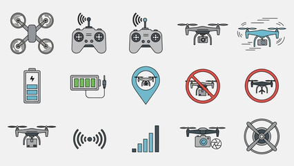 Drone Icons Vector Set: Aerial Technology Symbols and Accessories for Modern UAV