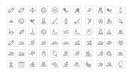 Diverse sporting activities represented in a collection of minimalist vector icons graphic set