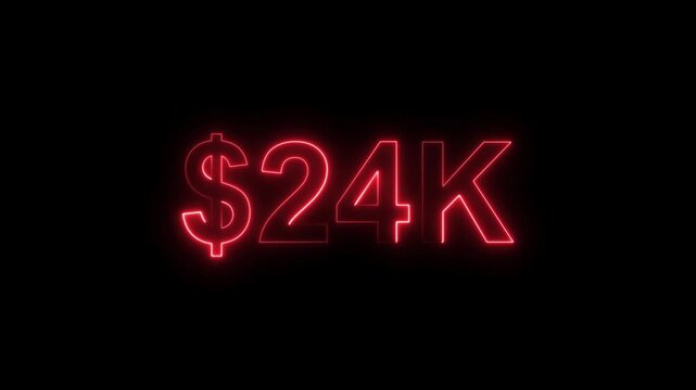 Neon line bright 24k followers isolated red color animation on black background. Vibrant neon shiny 24k text red color animation digits for high-resolution. 