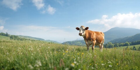 Cow grazing on lush green pasture in the Pieniny Mountains during spring, rural landscape and seasonal growth